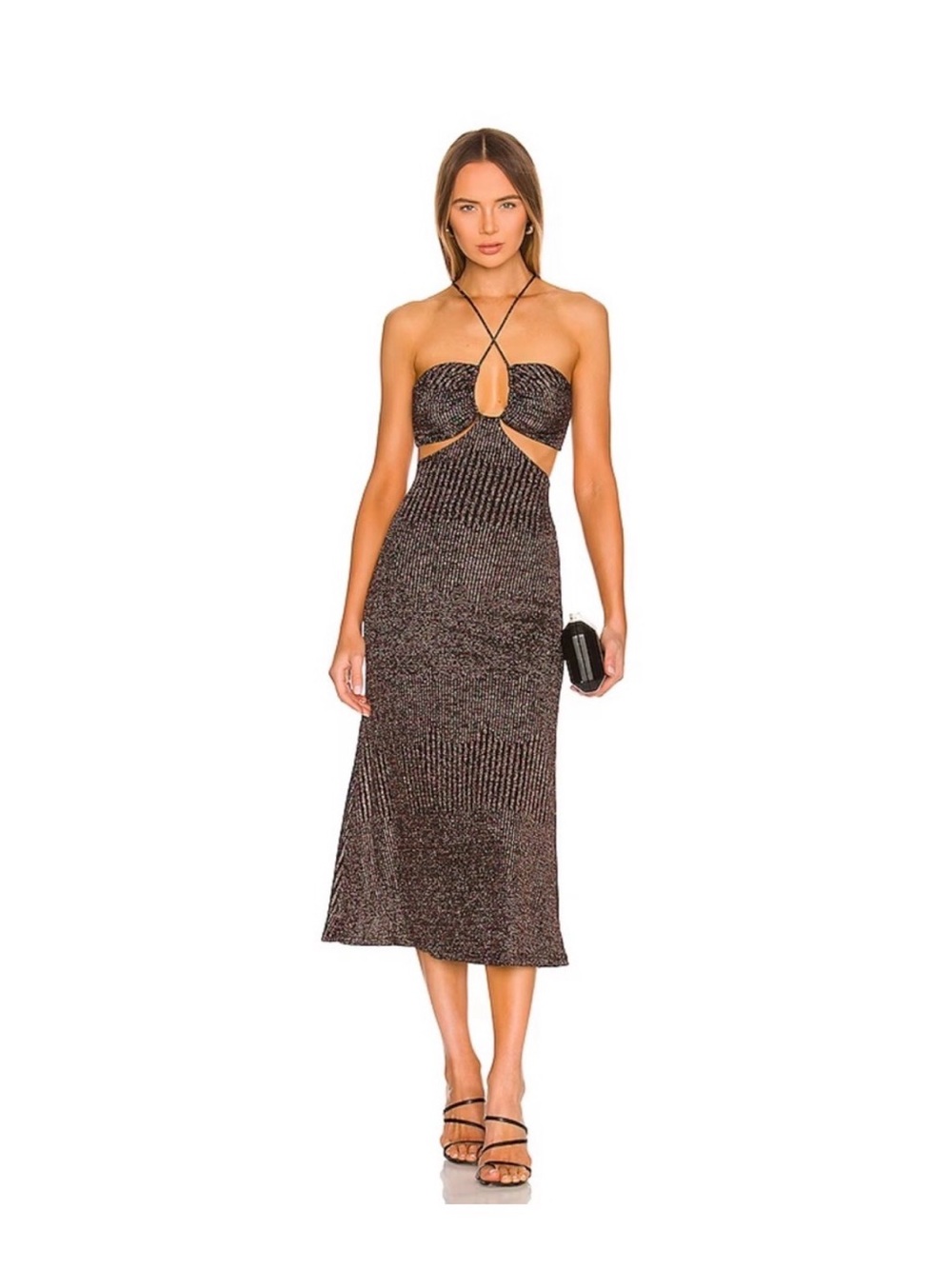 Metallic Brown/Black Cutout Sparkle Shimmer Midi Dress with Halter Straps
